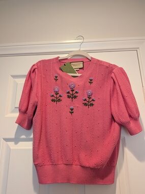 Gucci Pink Puff-Sleeve Floral Knit Top